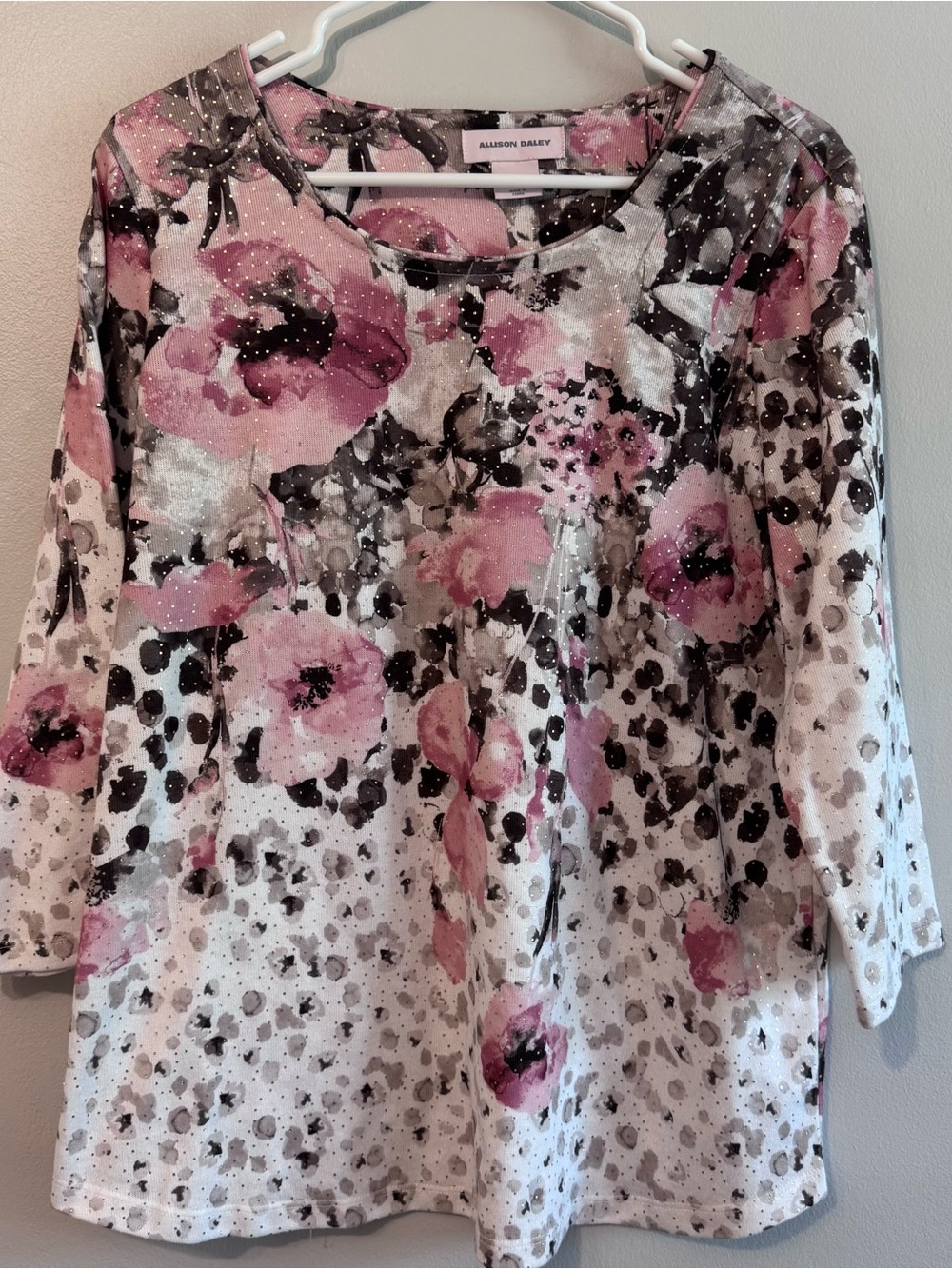 Allison Daley Pink Gray Floral 3/4 Sleeve Tunic Top Women’s Blouse